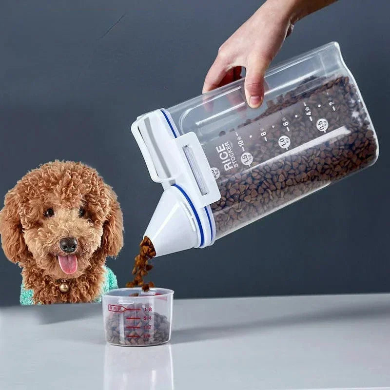 #1.5kg/2kg Dog Cat Food Pail Plastic Storage Tank with Measuring Cup Container Moisture-proof Sealed Jar Pet Supplies Accessories