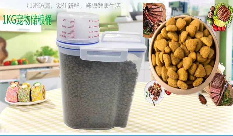 #1.5kg/2kg Dog Cat Food Pail Plastic Storage Tank with Measuring Cup Container Moisture-proof Sealed Jar Pet Supplies Accessories