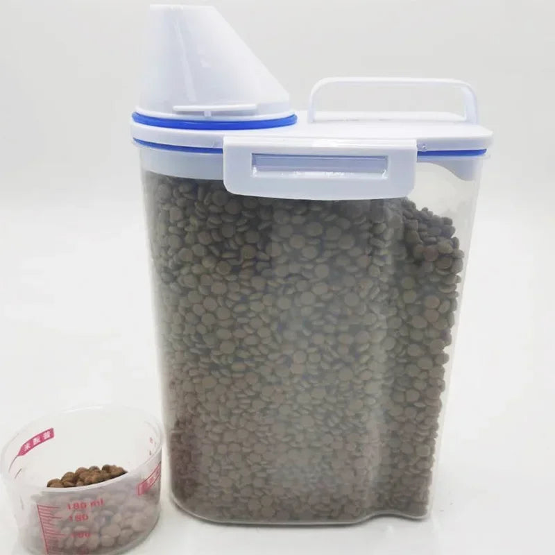 #1.5kg/2kg Dog Cat Food Pail Plastic Storage Tank with Measuring Cup Container Moisture-proof Sealed Jar Pet Supplies Accessories